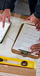 Hands, tablet screen and team planning with blueprint for design, construction or safety checklist. Collaboration, document or people with tech for architecture, compliance clipboard or above at site