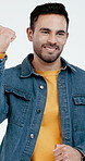 Studio, man and fist pump for success, smile and winning with goal achievement on white background. Happy male person, celebration and target with good news, accomplishment and yes for triumph