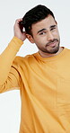 Man, thinking and face in studio with question, uncertain and problem solving with decision. Person, scratch head and doubt on white background with choice, confused and lost memory with forget