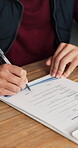 Reading, hands and sign document in home for rental agreement, compliance and property registration. Legal, person or approval signature for lease contract, mortgage disclosure or administration form