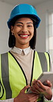 Face, woman and electrician at building site with tablet, smile and property maintenance expertise. Happy, person and technician in construction with tech, helmet and knowledge for electrical repair.
