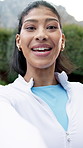 Fitness, video call and face of woman in park for virtual coaching, training advisor and contact. Personal trainer pov, social media and workout guide instructor with person outdoor for health