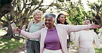 Old women, exercise and dancing with water, outdoor and fitness routine with happy friends at park. Senior people, laughing and workout with bottle for health, wellness and fun together in nature