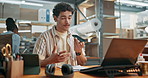 Man, voice and phone at startup for logistics, message and contact supplier for stock availability. Person, coworking and mobile speaker in office with laptop, wholesale inquiry and shipping dispatch