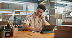 Logistics, man and neck pain in office with tension, pressure or posture problem in courier facility. Tablet, burnout or supply chain manager with muscle cramp, overworked and massage for relief