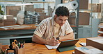 Tablet, man and checklist in startup for logistics admin, verify delivery or dispatch coordination. Clipboard, ecommerce owner and typing on tech for order processing, record keeping and stock count