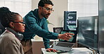 People, screen and training for coding in office, programming internship and team. Computer, explain script and programmer intern with mentor for learning problem solving logic and developer tools