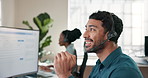 Computer screen, speaking and happy man in call center for tech support, virtual assistance or IT. Desktop, headset or person with help for customer service, coworking or laugh with software feedback