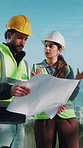 People, team and outdoor with blueprint for planning, renovation idea and problem solving in meeting. Man, woman supervisor and floorplan on site for discussion, engineer collaboration or instruction