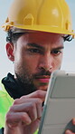 Builder, scroll and man with tablet, outdoor and plan for renovation project with digital blueprint. Construction worker, online and person with technology, architecture and building schedule on web