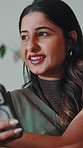Thinking, phone or woman in home with text message, online chat or notification on social media. Happy, typing or person in house with tech, communication app or post reflection on digital platform.