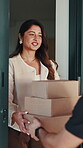 Happy, delivery man and boxes for business woman with supplies, parcel or ecommerce order. People, handover and front door for package distribution, online shopping and customer for courier service
