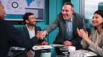 Meeting, people and shaking hands with applause in office for investment partnership or merger. Happy worker, clapping or handshake for financial success, consolidation celebration and business deal