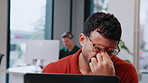 Man, realtor and laptop in office with headache, viewing booking and eyestrain with listing research. Estate agent, tech and coworking in firm with glasses, wrong prescription or commission mistake