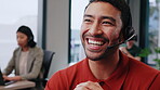 Consulting, man and laugh with mic in call center for debt review, customer service and loan joke. Coworking, financial advisor or contact funny client for insurance claim, explain policy or benefits