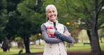 Smile, dumbbells and old woman at park for fitness, strength training or workout confidence. Face, elderly person or weights outdoor for muscle growth, arms folded or exercise lifestyle in retirement