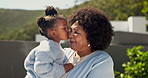Love, grandmother and kid with cheek kiss, happy moment and backyard bonding in weekend visit. Tender, childcare and black family outdoor with smile, security or quality time in healthy relationship.