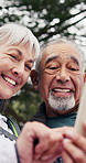 Senior, couple or hiking with phone in nature for navigation, online travel app or adventure. Active, elderly man and woman with smile or technology for outdoor journey, tourism or trekking in forest