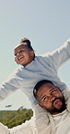 Father, child and support on shoulder outdoor, airplane and playing with smile for quality time. Happy dad, girl and carry for flying game in nature, bonding together and care with black family