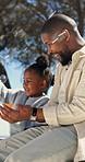 Fun, father or daughter in backyard with bubbles, bonding or happy moment in outdoor playtime. Smile, child or black family with game, parent connection or quality time in playful relationship.