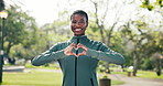 Fitness, face and black woman with heart in hands for exercise, cardio wellness and workout. Runner, portrait and happy person with emoji for health, active hobby and training with fresh air outdoor