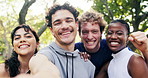 Face, friends and selfie outdoor for fitness, photography and social media for marathon success. Portrait, people and smile at park with pov, profile picture and capture memory for sports achievement