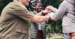 Happy, woman and friends with stack at park for social inclusion, solidarity and shared success. Circle, people and pile with celebration for friendship achievement, belonging huddle and group spirit