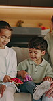Father, playing and children at house with toys, imagination and creative roleplay for interaction. Smile, man and kids in lounge with dinosaur, pretend games and prehistoric fantasy for family time