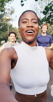 Face, influencer and people in park for running club, exercise and active with friends outdoor. Portrait, pov and happy woman with recording for workout, fitness and content creation for social media