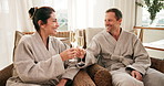 Love, toast or couple in spa with champagne, partner vacation or bonding trip for anniversary. Smile, cheers or mature people in hotel with drink, connection or happy moment on honeymoon celebration.