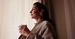 Thinking, drink and woman by window at hotel for break on vacation, holiday and getaway in morning. Happy, reflection and person with coffee, relax and view for accommodation, hospitality and travel