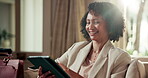 Scroll, tablet and travel with business woman in hotel for conference itinerary, research and report. Corporate retreat, vip event and tradeshow hospitality with mature employee and smile for update