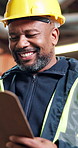 Builder, clipboard and black man with checklist on construction site for building safety or security. Male person, laborer or smile with notes for architecture project, inventory or stock inspection